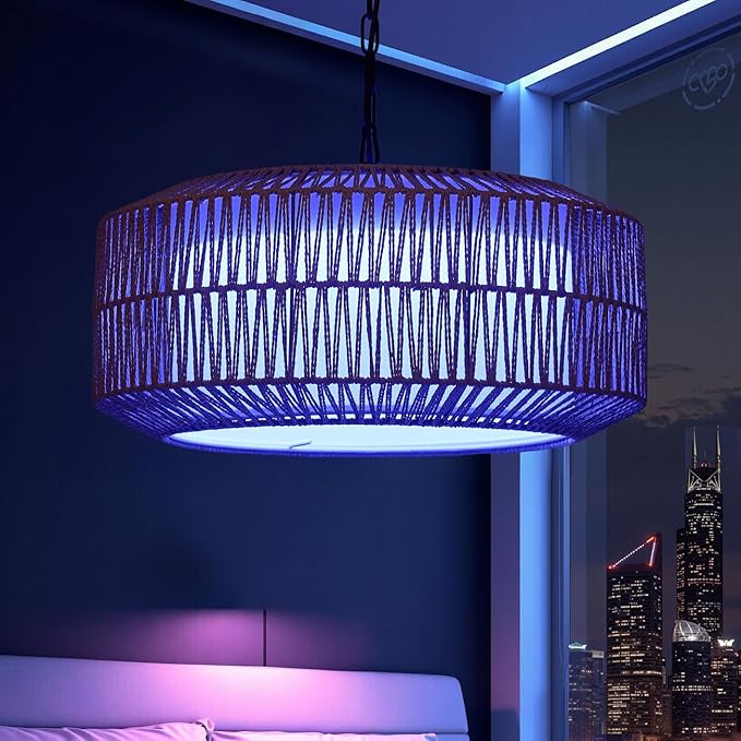 Smart RGB Ambient Rattan Pendant Light with Voice & App Control, Dimmable Boho Hanging Ceiling Lamp for Bedroom & Dining Room, Handwoven Wicker Light Fixture, 21.7” Natural