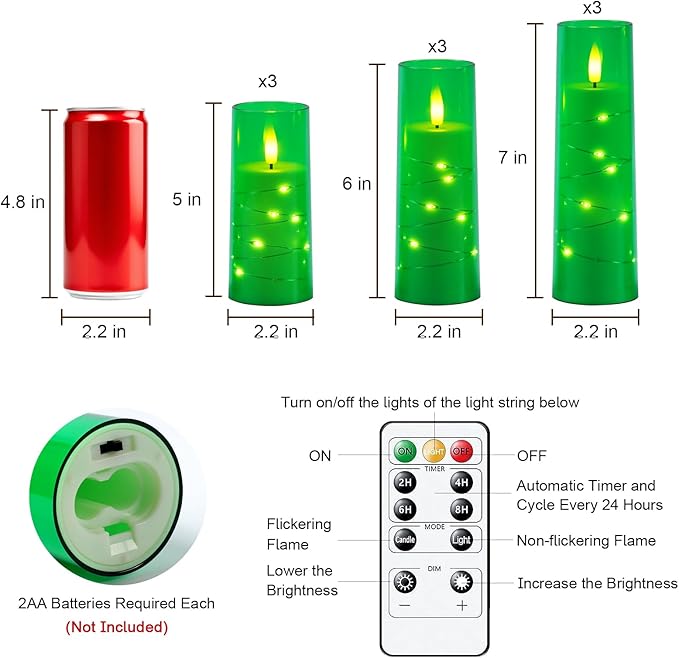 Raycare St. Patrick's Day Flameless Candle with Remote Timer – 9 Flickering Acrylic Battery Operated LED Pillar Candles with Embedded Star String for Home Decor, and as a Gift(Green)