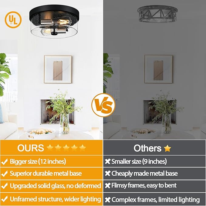 Flush Mount Ceiling Light Fixtures, 2-Light Black and Silver Ceiling Mount for Farmhouse with Seeded Glass Lampshade, Industrial Flush Mount Light Fixture for Hallway, Kitchen, Entryway and Foyer