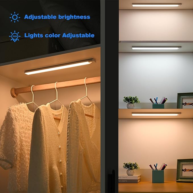 Closet Light 4 Pack Magnetic 12" Rechargeable, 3 Color Dimmable LED Motion Sensor Battery Powered Closet Light Smart Sensor Magnetic Punch Free Smart Sensor Rechargeable Led Lights