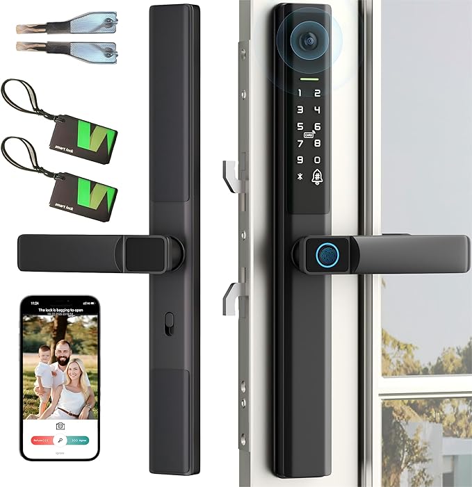 Sliding Door Smart Lock with Handle Keyless Entry Sliding Door Lock with Fingerprint Code RFID Card Keypad Digital Key APP Remote Replacment Slim Thin Frame Patio Door with Handle