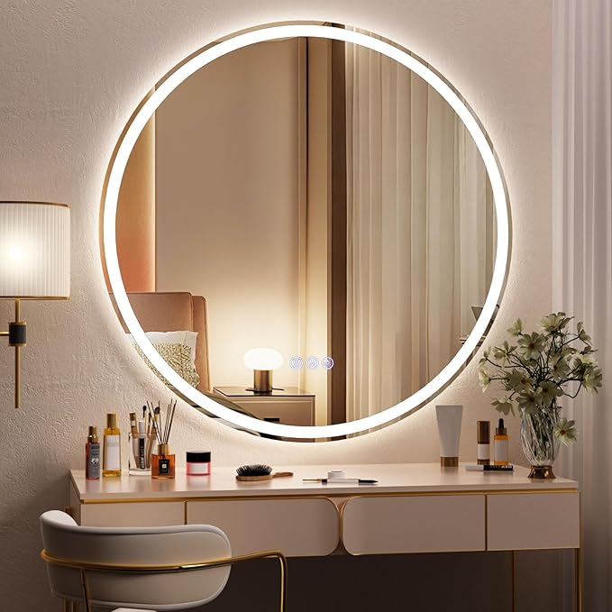 BEAUTYPEAK 40x40 LED Round Bathroom Mirror with Lights, Anti-Fog, Dimmable, Backlit + Front Lit, Lighted Bathroom Vanity Mirror for Wall, 3 Colors, Memory Function, Tempered Glass, Shatter-Proof