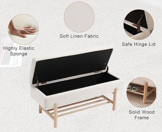 Modern Entryway Storage Bench, Upholstered Shoe Ottoman Bench, Flip-Top End of Bed Bench with Wood Shelf for Living Room/Bedroom/Hallway/Under Window,45Inches, Beige Linen