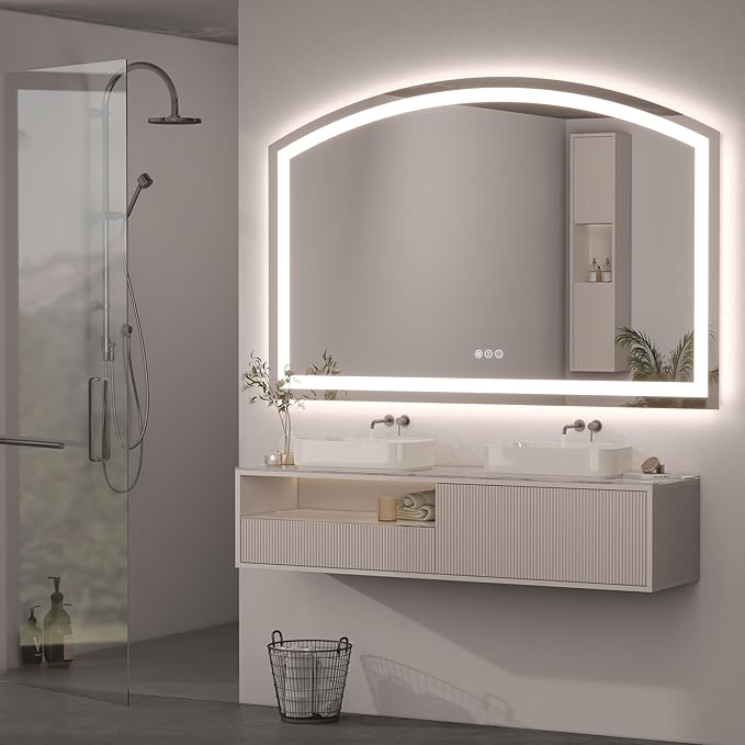 Hasipu 55" x 36" LED Bathroom Mirror Arch Vanity Mirror with Lights Frontlit Smart Touch Sensor Dimmable 3 Colors Temperature Shatterproof Wall-Mounted Vanity Mirror Metal Frame