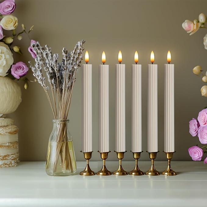WYZworks 10" Fluted Ribbed LED Cream Beige Grooved Pillar Candles, Remote & 24h Timer Memory, On/Off Switch - Flameless Dimmable Battery Operated w/Flicker Mode, Home Wedding Decor (12 Pack)