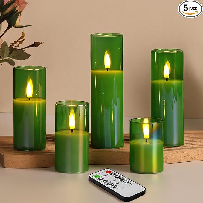 Eywamage Green Glass Flameless Candles with Remote Batteries, LED Pillar Candles Flickering Spring Home Decor Set of 5