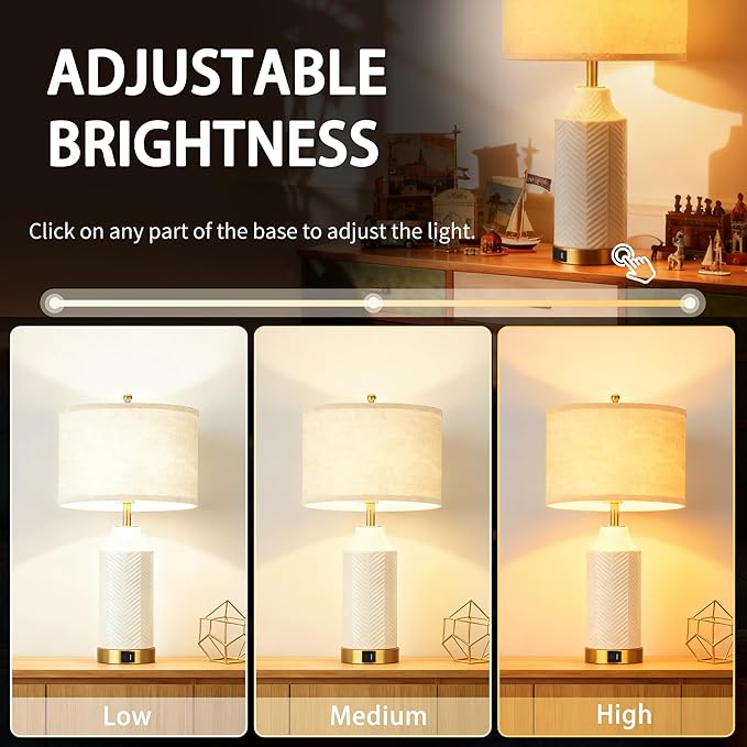 22" Ceramic Table Lamps with USB A+C Ports for Living Room, Dimmable Nightstand Touch Lamps Set of 2 with Linen Shade, Modern Bedside Lamp for Bedroom Home Decor, No Bulbs (1, White and Beige)