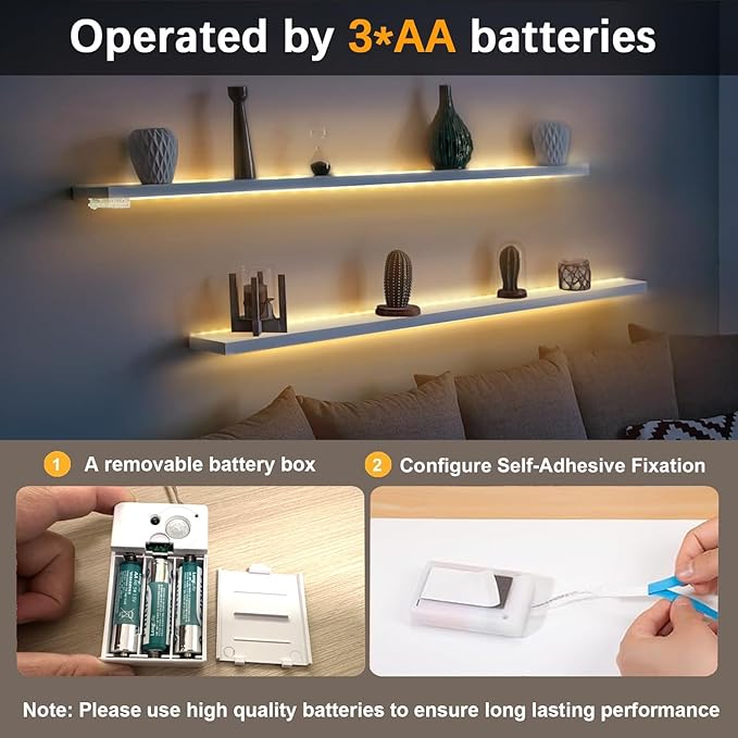 EJ's SUPER CAR Battery Operated Motion Sensor Cabinet Strip Lights, 3 Pack 4.92FT 3000K Counter Closet Strip Light, Motion & Night Sensor Safe Tape Light for Stairs Wardrobe Kitchen (Warm White)
