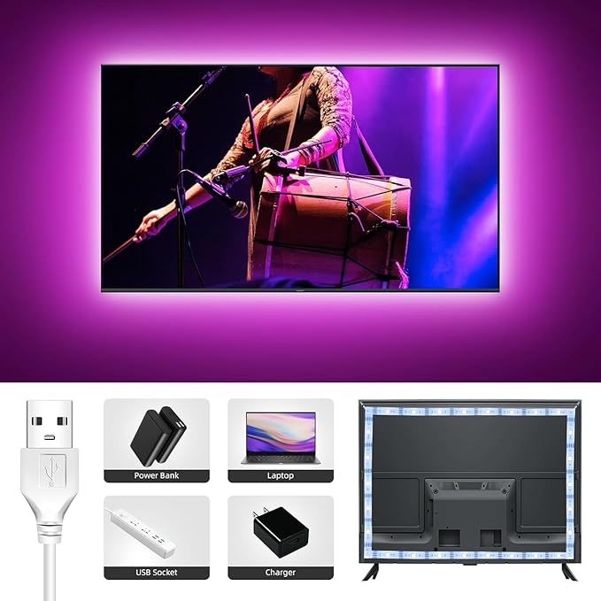 RUISHINE Battery Operated LED Strip Lights Rechargeable Light, Color Changing Music Sync App Remote Control RGB USB Lights for Bedroom, TV, Party & Room Decoration Kitchen