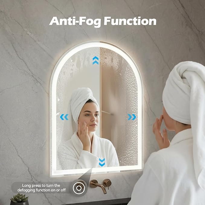 Sweetcrispy 20"×28" LED Bathroom Mirror with Lights, Arched Vanity Mirror with Anti-Fog, Dimmable, 3-Color Light, Memory Function, Tempered Glass
