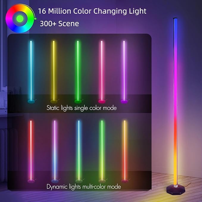 LED RGB Corner Lamp: Smart RGB LED Corner Floor Lamp Adjustable Height with 16 Millon RGBWIC Color Changing Lights 300+ Scene,Music Sync&Timer,Ambient Lighting for Living Room,Bedroom,Game Room