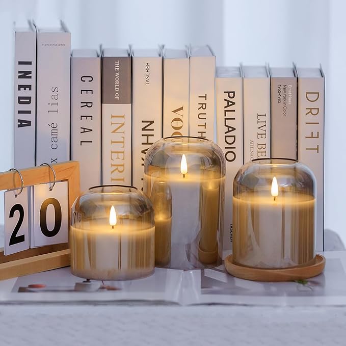 Gray Glass Flameless Candles Set of 3 (Φ 4" H 4" 5" 6") with Remote Battery Operated Flickering LED Pillar Candles Real Wax 3D Wick