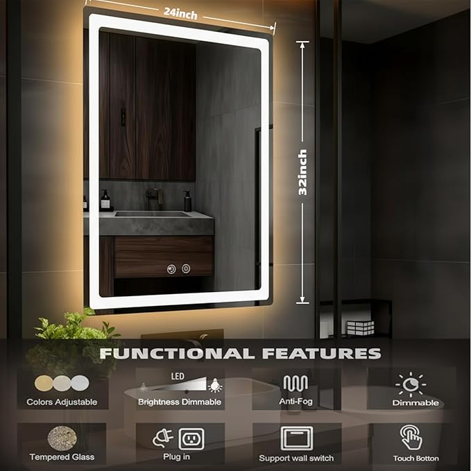LTFUUAI 24"X32" LED Bathroom Mirror with Lights, Smart Touch 3-Color Dimming Lighted Vanity Mirror Wall Mounted, Anti-Fog Shatterproof with Front & Back Light, for Bathroom Vanity