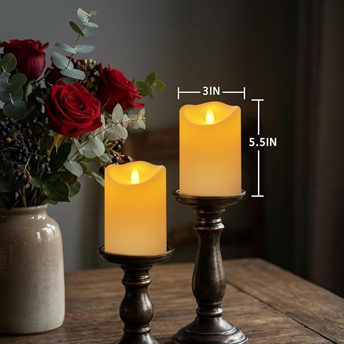 Outdoor Flameless Candles, Patented 3D Dual-LED, Set of 2 Slanted Resin Pillars with Remote, Waterproof Non-Melting Battery Operated Decor for Bathroom Bedroom Gift, Ivory (D3 x H6)