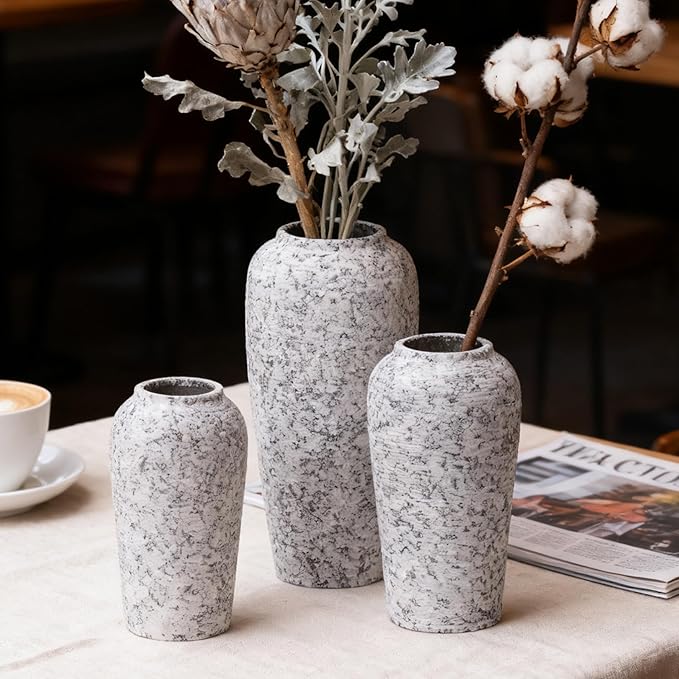 Stone Vase Set 3 Modern Decor Ceramic Vases Rustic Farmhouse Home Tea Table Office Room Desk Pottery