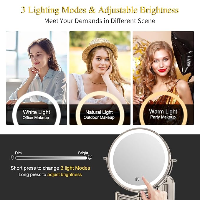 FUNTOUCH 3X/20X Wall Mounted Lighted Makeup Mirror,5000mAh Rechargeable Double Sided Magnifying Bathroom Mirror with Lights,3 Color Lighting,Touch Dimmable,Extended Arm 360 Rotation Light up Mirrors