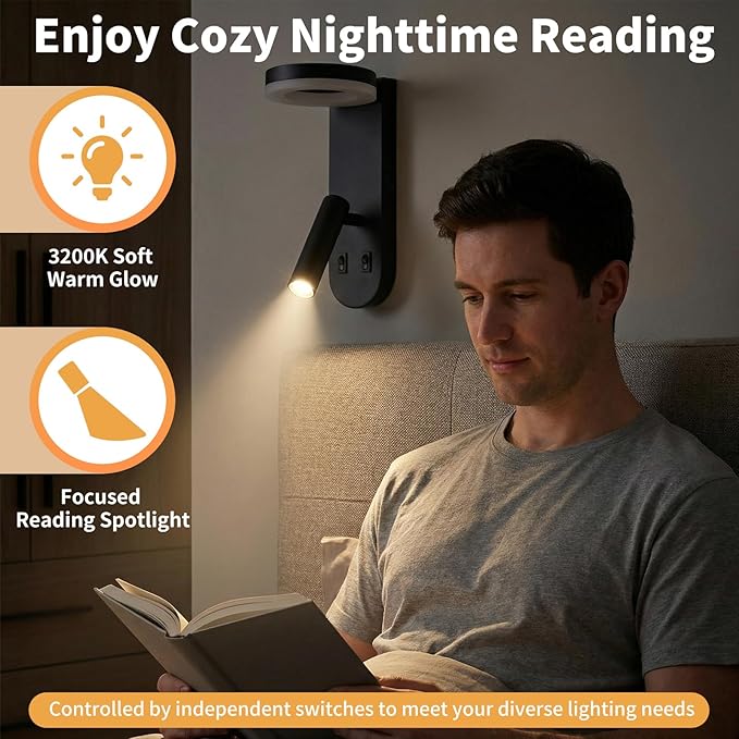 Wall Mounted Reading Lights for Bedroom - Independent Switch, 350° Adjustable Bedside Lamps Set of 2, Hardwired Installation LED Wall Sconces for Living Room, Study Room (Black, 8.65")
