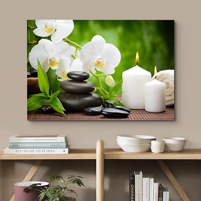wall26 Canvas Print Wall Art Basalt Stones & Orchids on Wood Panel Nature Floral Photography Realism Rustic Colorful Multicolor Ultra for Living Room, Bedroom, Office - 12"x18"