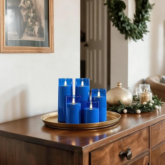 Raycare Flameless Candles Battery Operated with Remote Timer, Acrylic Flickering LED Pillar Candle for Christmas Decoration, Home Decor, Gift for Family and Friend, Blue, Set of 5