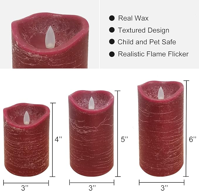 Flameless LED Candles Set of 3 (D 3’’ x H 4’’ 5’’ 6’’) Real Wax Battery Operated Candle with Timer Home Decorative Pillar Flickering Lights,Wedding Party Events Decor,Burgundy