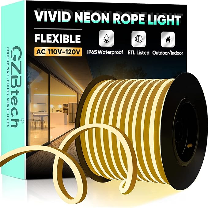GZBtech Flexible LED Neon Rope Lights 100FT,AC 110-120V Waterproof Strip Light, 2800K Cuttable Connectable Neon Lighting for Indoor Outdoor Home Decor/Commercial Use-Warm White 30M, ETL Listed