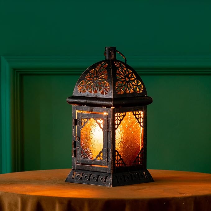 DECORKEY Candle Lanterns Decorative Indoor & Outdoor, 12'' Vintage Moroccan Hanging&Tabletop Lantern, Christmas Halloween Metal Candle Holder for Home Front Porch Patio Decor (Amber)