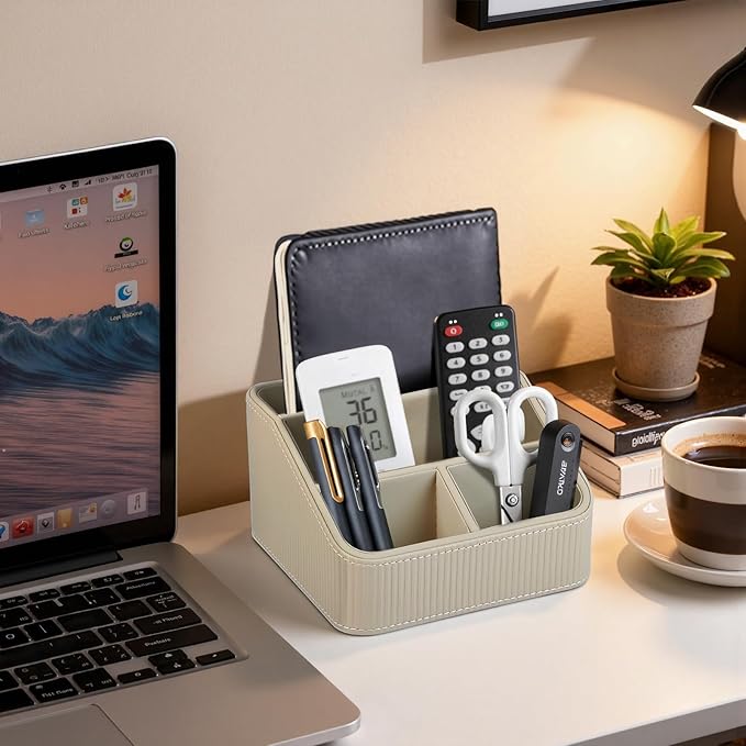 PU Leather Remote Control Holder with 4 Compartments, Small Desk Organizer Office Supply Bedside Caddy, All-in-One Small Bedside Remote Holder Nightstand Desktop Organizer