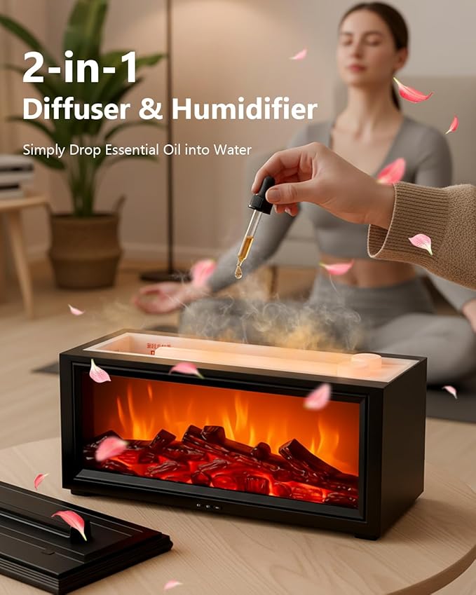 Essential Oil Diffuser, 7-Color Fireplace Fire Flame Aromatherapy Humidifier, 280ml Ultrasonic Aroma Diffuser Valentine's Day Gift with Time Sets and Remote Control for Bedroom Home Yoga Office