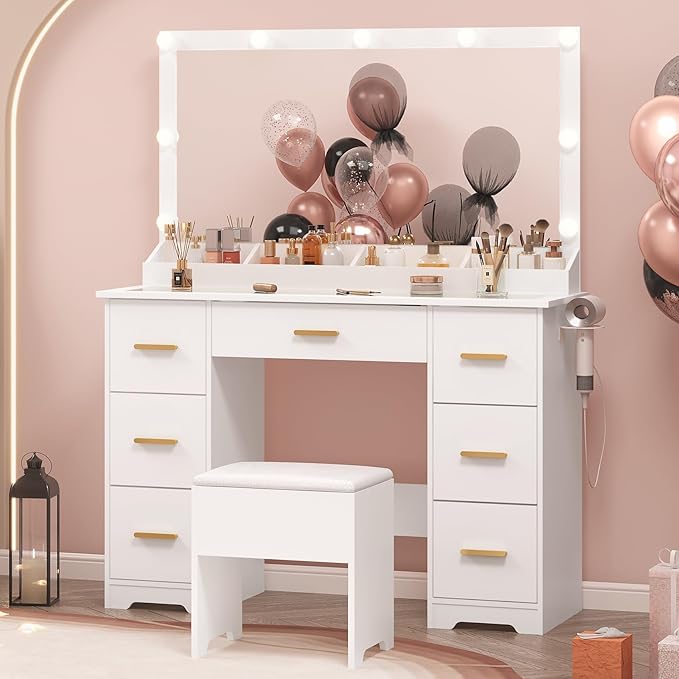 44" Vanity Desk with 38" Large Mirror and 9 LED Lights & Glass Top and Power Outlet, Makeup Vanity Set with 7 Drawers & Chair and RGB Ambient Light, Dressing Table for Bedroom, Modern White