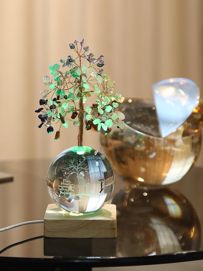 Crystal Tree of Life, 7 Chakra Healing Tree with Multicolor Night Light Crystal Ball for Meditation Relaxation, Spiritual Gift for Women, Mother (3D Mom & Kid Figurines)