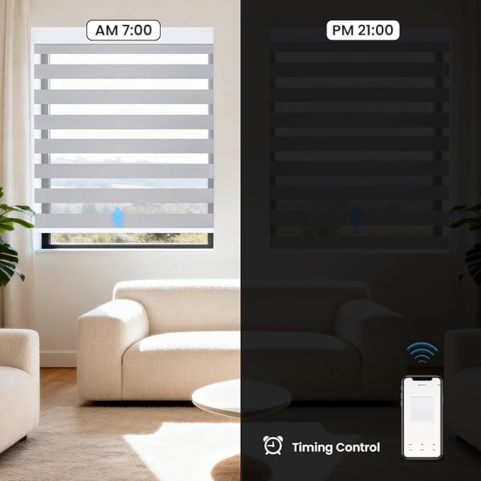 LUXLUV No Drill Motorized Zebra Blinds with Remote, 75% Blackout Automatic Electric Zebra Blind,Compatible with Alexa, Google, Smart Electric Window Blinds,Grey,Custom Sizes