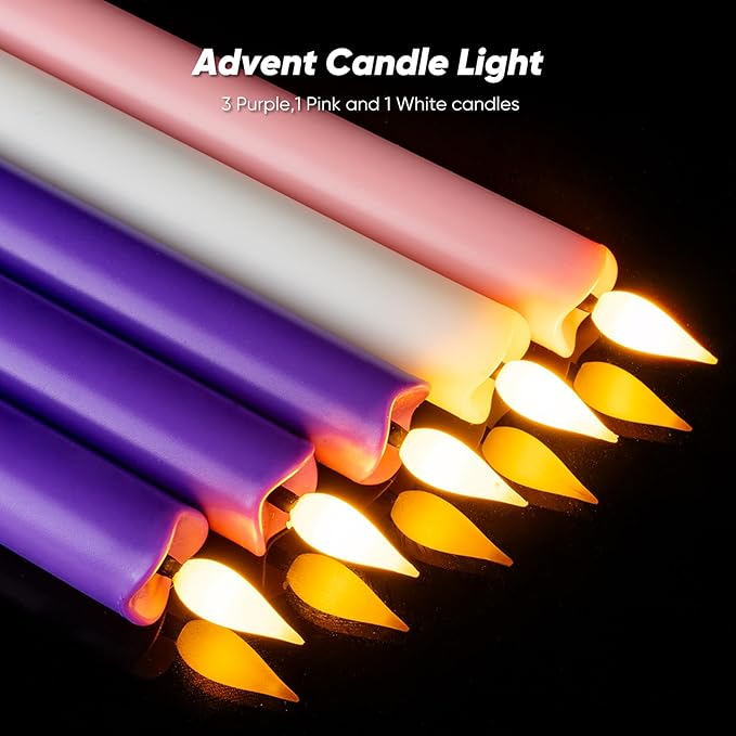 LED Advent Candles Set of 5, Flameless Taper Candles with Remote, Battery Operated Taper Candlestick Flickering, 3 Purple, 1 Pink, 1 White for Christmas Wreath