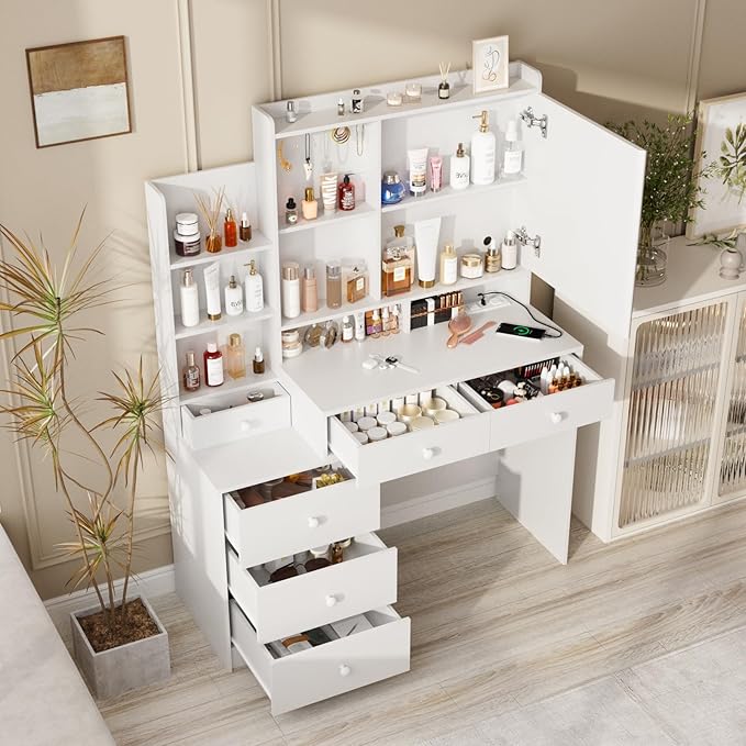 White Makeup Vanity with Led Mirror and Power Strip,Vanity Desk with Lots Drawers & Openable Mirror,3 Lighting Colors,Open Storage Shelves,Dressing Table for Bedroom