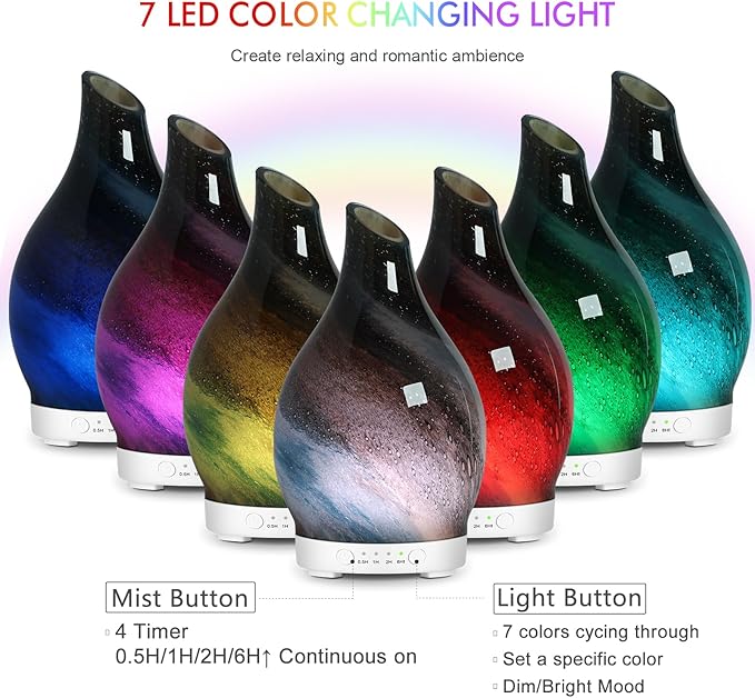 Essential Oil Diffuser Aromatherapy Diffuser - Art Glass Oil Diffuser with Auto Shut-Off Protection 4 Timer Setting 7 Colors Changed LED Night Light for Home Office Decor Gift (Starry Blue)