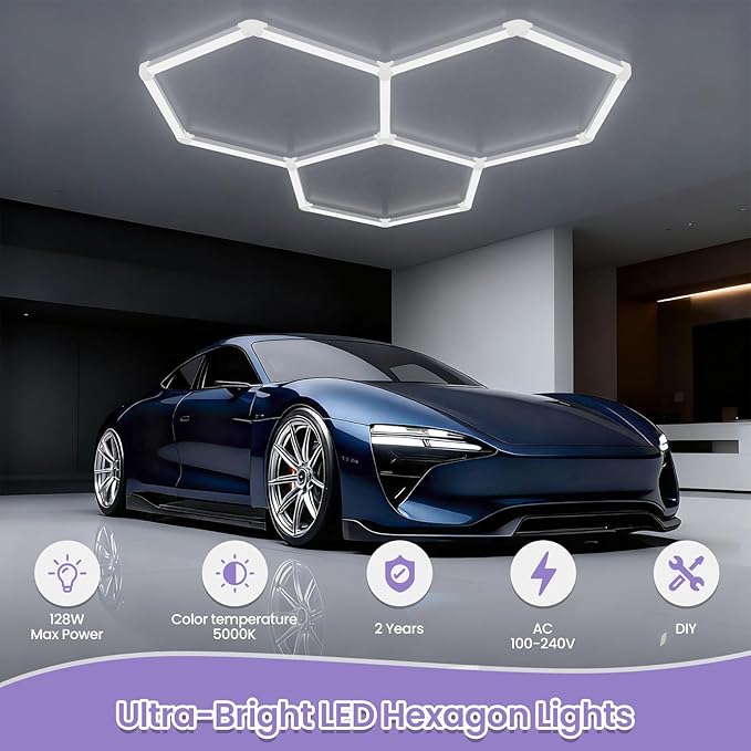 Hexagon LED Garage Light, Lightweight Super Bright 128W 5000K Garage Ceiling Light for Gym, Basement, Warehouse