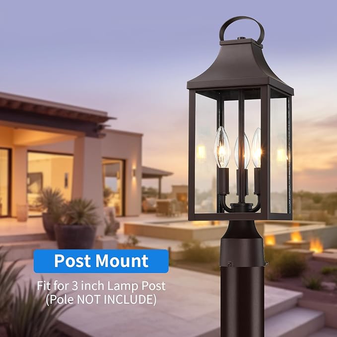 18.62 Post Light Outdoor, Large 3-Light Lamp Post Light Fixture, Modern Pillar Outside Lighting Waterproof Post Lantern Lamp Outdoor Post Light Fixtures Pole Lights for Porch, Brown, 1 Pack