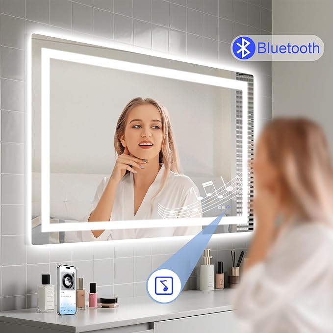 STARLEAD 59"x35" Bluetooth LED Bathroom Mirror with Dimmable Lighting, 3 Color Temperature, Anti-Fog, Touch Control, Wall Mounted Vanity Mirror for Daily Routines