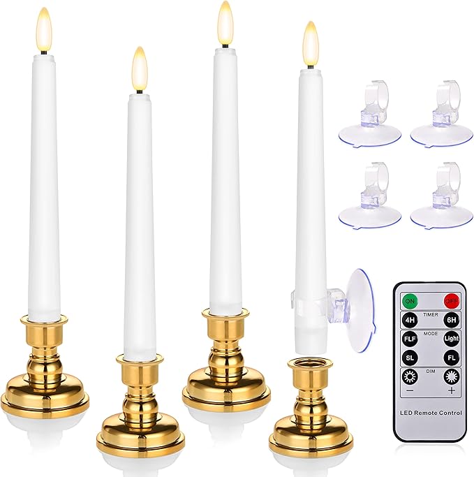 Flameless Taper Candles Flickering with Remote Timer, 4PCS Battery Operated Window Candles with Gold Candlesticks and Suction Cups, 8 Inch Warm White 3D Flame Candle for Home, Xmas Decor(White)