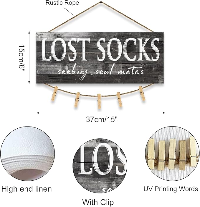 1 KINGO Laundry Lost Socks Rustic Sign Wall Decor for Washroom, Farmhouse Black Lost Socks Seeking Soul Mates Canvas Print Art, Rustic Plaque Bathroom Decoration 6" x 15"