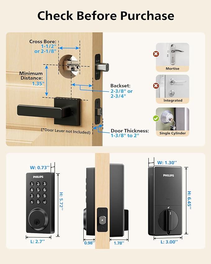 Philips Smart Lock, Smart Door Lock Built-in WiFi, App Remote Control, Keyless Entry Door Lock for Front Door, Deadbolt Lock Auto Lock, Support Alexa & Google, IP54 Waterproof, Black