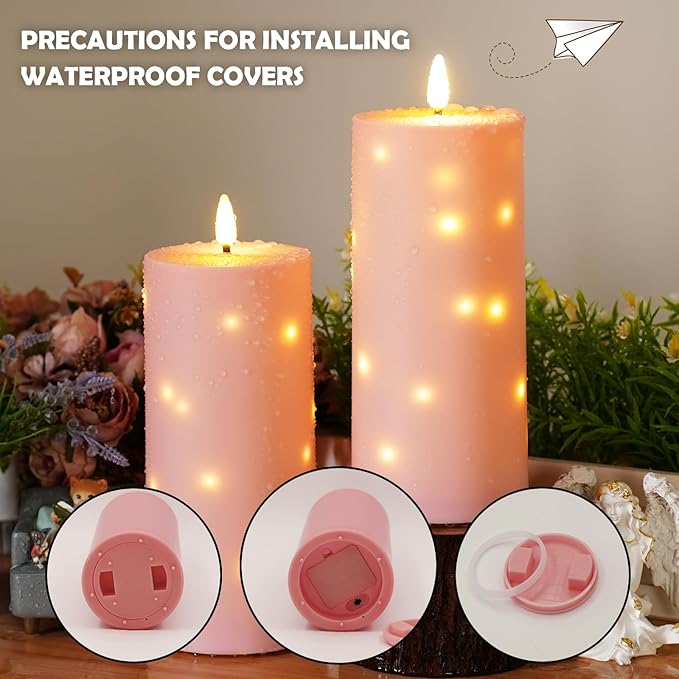 10" x 4" Large Outdoor Waterproof Flickering Flameless Candles with Timer,2Pcs Battery Operated LED Pillar Candles with Embedded Star String for Outdoor Lanterns,Porch,Patio Decor(Pink)