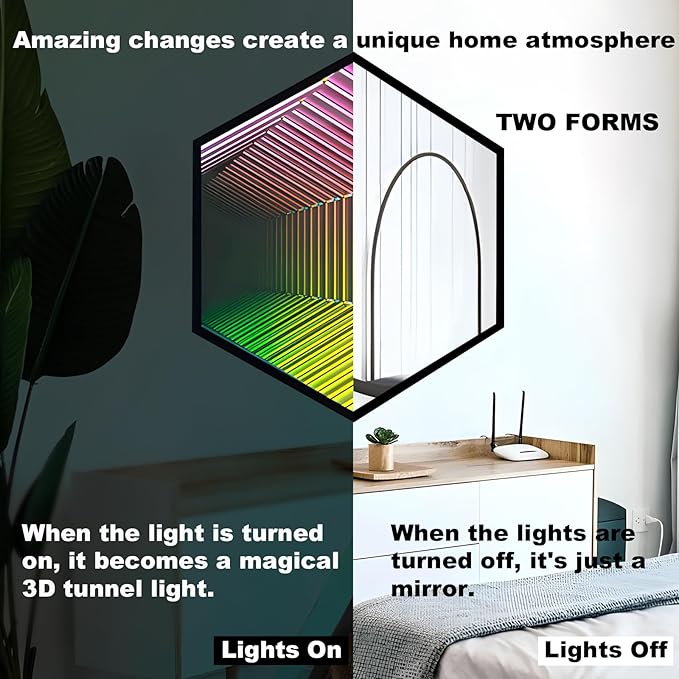 3D Infinity Mirror Light, 19.7" Hexagon LED Tunnel Wall Light with 358 LEDs, App & Remote RGB Color Changing Mirror for Gaming Room Decor, Party, Bar, Geometric Art Deco Wall Mounted