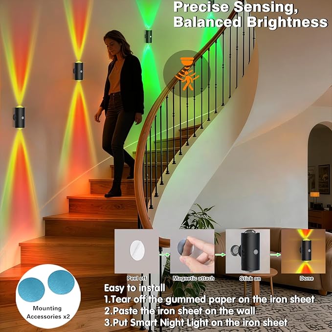 LED Wireless Wall Sconce with Color Changing, Motion Sensor Light Indoor, 1500mAh Rechargeable Battery Operated Wall Sconces for Bedroom Bedside Hallway Courtyard Doorway (black - 2 Pack)