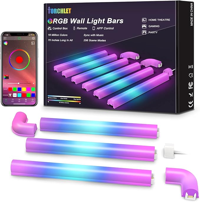 Torchlet Smart RGB Wall Light, Home Decor LED Light Bars for Gaming and Streaming, Music Sync and Ambiance Glide Lights with 256 Dynamic Scenes, 6 Pcs and 2 Corner