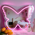 Butterfly Neon Sign with Mirror Backing - Dimmable LED Mirror Wall Decor for Girl's Bedroom, 16x12 Inch Glowing Pink Butterfly Vanity Mirror with Lights, USB Powered Kids Room Gift