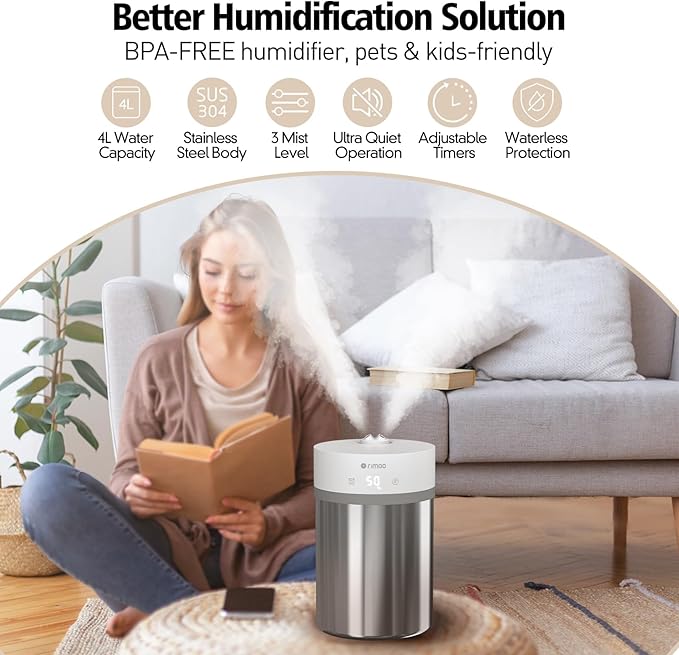 Stainless Steel Humidifier, 4L Ultrasonic Cool Mist Humidifiers with Only 3 Parts Easy to Clean, Top Fill Humidifier with 1-9H Timer, 28dB Whisper-Quiet, Filterless for Bedroom Large Room
