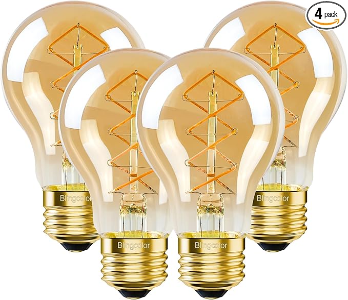 A19 Vintage LED Edison Bulbs 40 Watt, Dimmable E26 LED Edison 2200K Warm Light Bulbs, 4W Equal 40 Watt Incandescent Bulbs, 4 Pack Decorative Antique Spiral Amber Light Bulbs, 300LM, CRI90+
