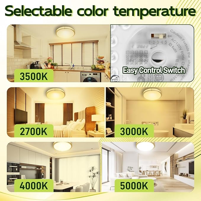hykolity 16 inch Dimmable LED Flush Mount Ceiling Light Fixture, Gold, 36W, 2200LM, 2.7/3/3.5/4K/5K Adjustbale, 120°Light Angle, CRI90, Ceiling Lamp for Bedroom, Kitchen, Office, ETL Listed 2Pack