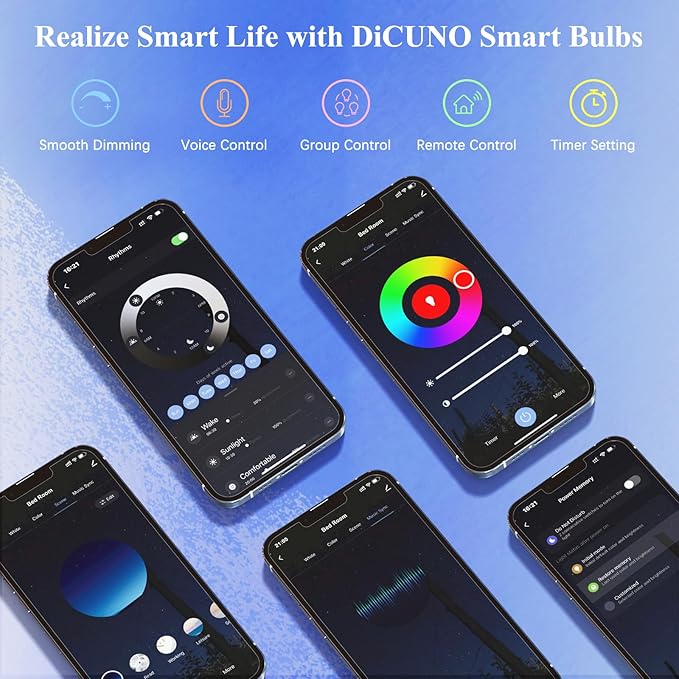 DiCUNO Smart Light Bulbs, Wi-Fi Bluetooth LED Lights, Multi Colors Changing Bulb RGBCW Dimmable, Works with Alexa, Google Home Assistant, No Hub Required, A19 E26 9W 800LM 2.4Ghz only, 2 Pack