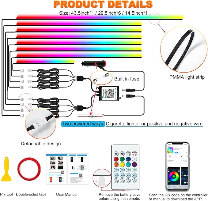 Interior Car LED Strip Lights, Acrylic LED Lights for Car with Dynamic Dreamcolor Chasing, Ambient Lighting Kits Music Sync Wireless APP and RF Remote Control (8 in 1)